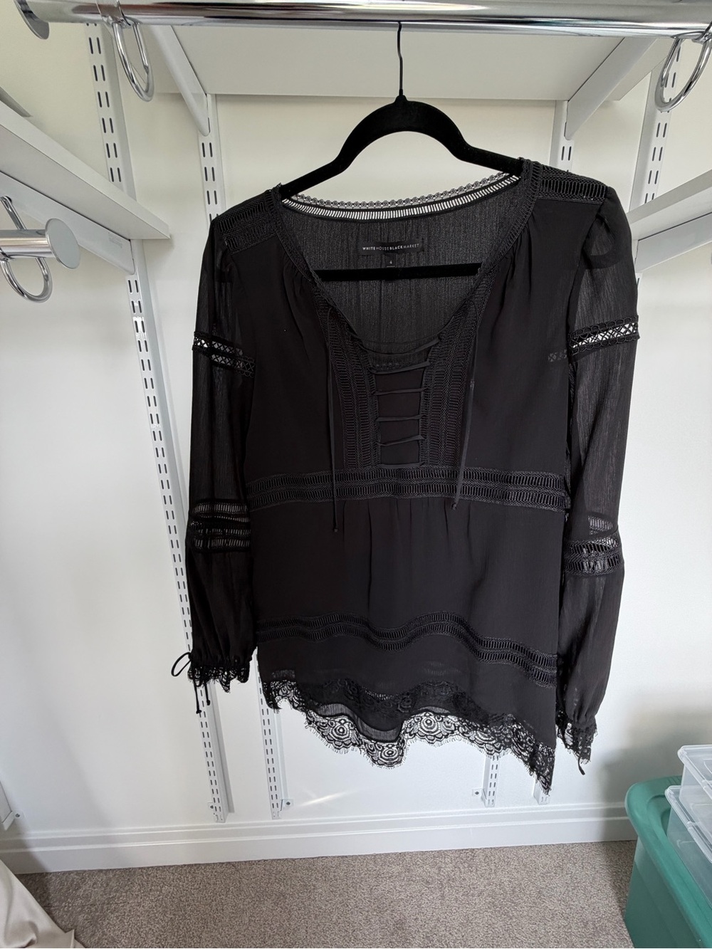 White House Black Market Black Lace-Trim Peasant Top